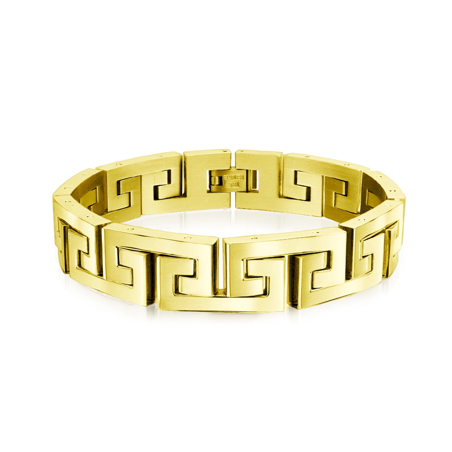 Bling Jewelry Strong Masculine Geometric Fancy Design Greek Key Pattern Symbol Link Bracelet for Teens Men Black Gold Silver Tone Stainless Steel Wristband 8.5 9 Inch 12MM
