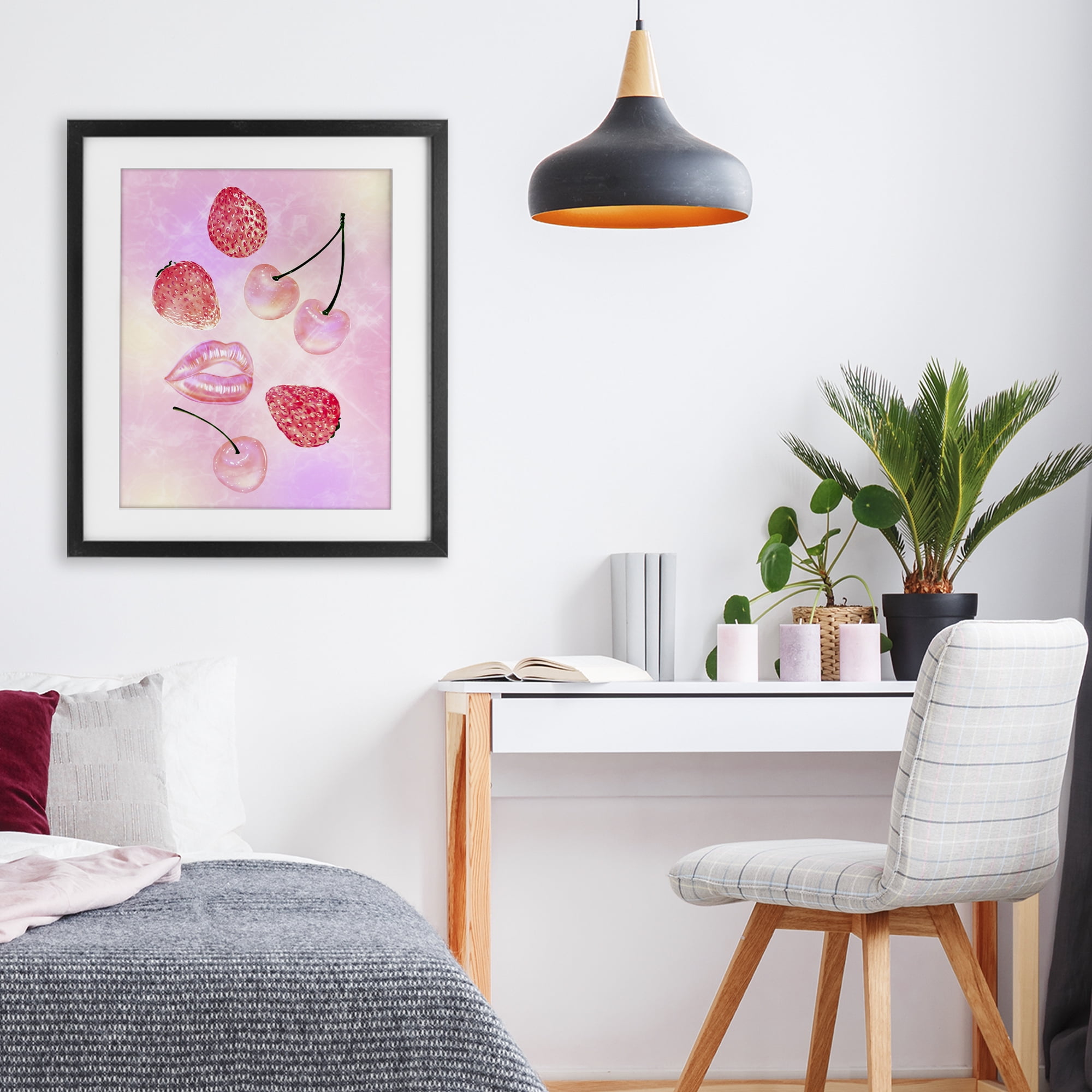 Pink Fruits and Kisses Black Framed Print Under Glass, design by Ziwei Li