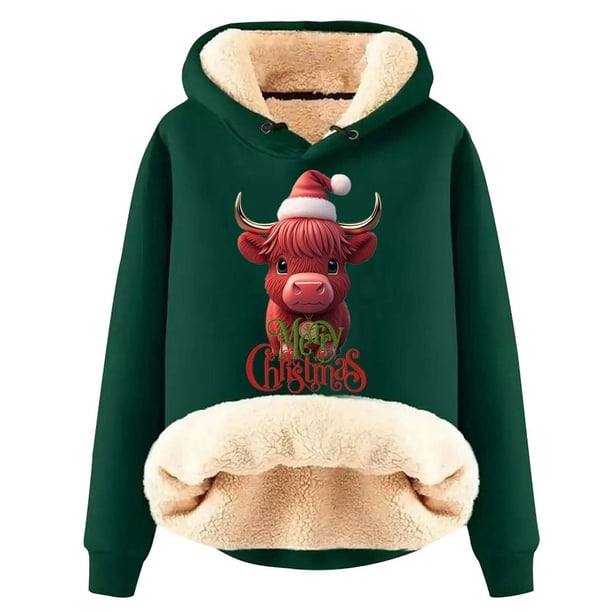 WILLBEST Sudadera con Capucha para Mujer, Estampado Navideño de Vaca, Cálida XXXXX-Grande