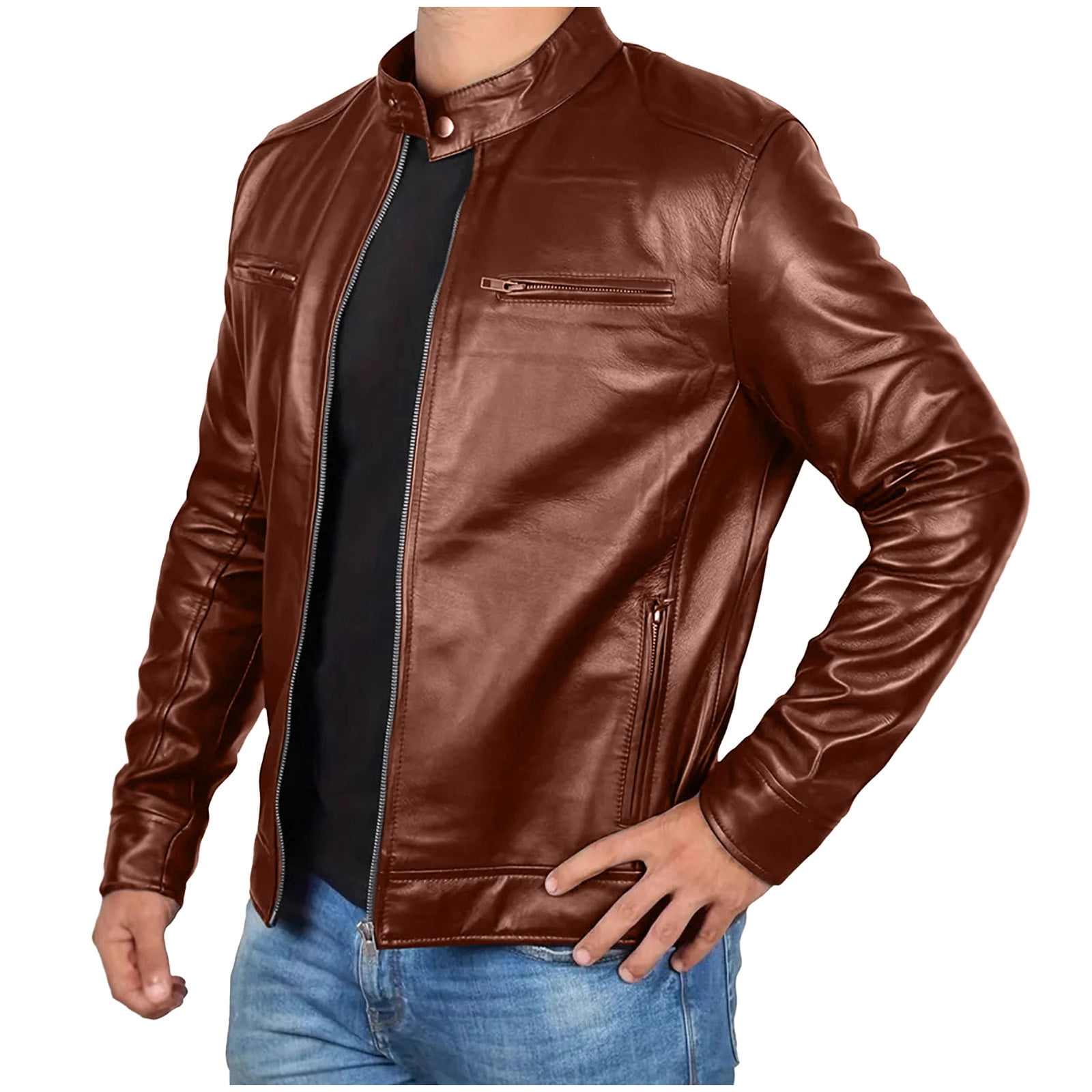 YLSDY Real Lambskin Mens Leather Jackets - Quilted Racer Zip Up Moto Style Leather Jacket Men PU Biker Coat Bronze XXXXXL