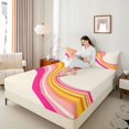 thumbnail image 3 of Castle Fairy Retro Soft Swirl Curve Graphic Bed Sheets 4-Piece,Gradient Pastel Stripe Minimal Art Full Size Sheets,Peach Hot Pink,1 Fitted Sheet,1 Flat Sheet and 2 Pillowcases, 3 of 6