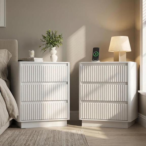Set of 2 Nightstands with Charging Station, Rounded Corner Fluted Bedside Tables with 3 Drawers & Cable Management, Modern End Tables for Bedroom,White