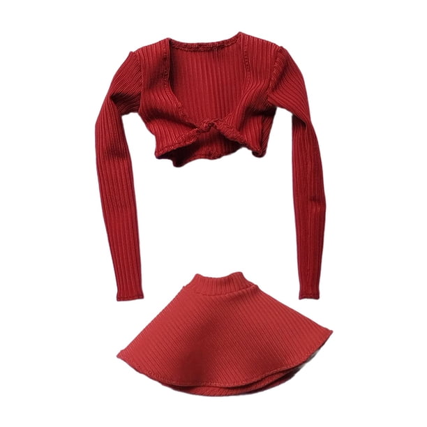 1/12 Vestido con camisa corta y falda, atuendo casual de cosplay retro para 12 pulgadas rojo