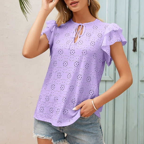 Camiseta de mujer con cuello redondo y manga de mariposa con cordon Camisa con agujeros huecos MABOTO Blusa de mujer Walmart en linea