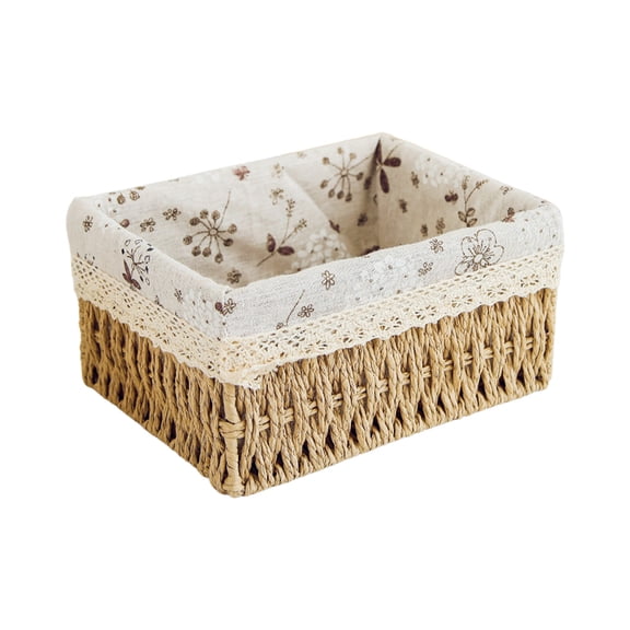 Small Woven Storage Basket with Linen Liner for Home, Bathroom, Kitchen