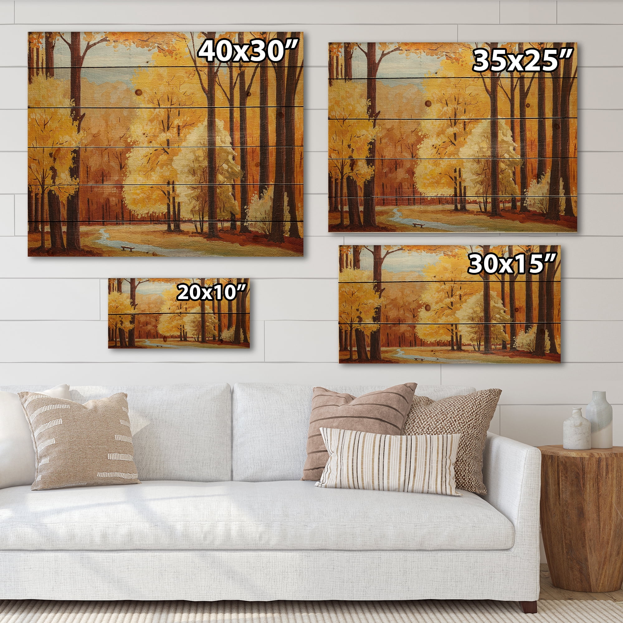 Designart 'Orange Autumn Trees At Sunrise' Farmhouse Print on Natural Pine Wood
