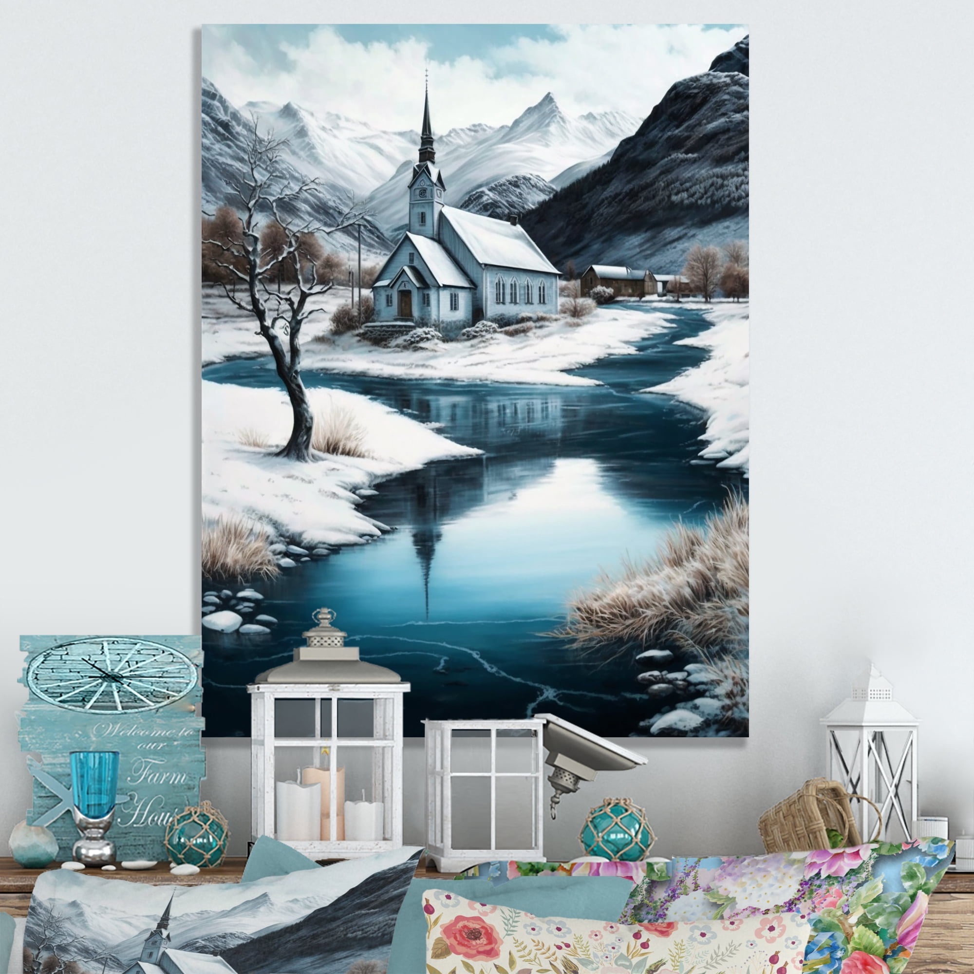 Designart Church On A Lake In Winter II Canvas Wall Art