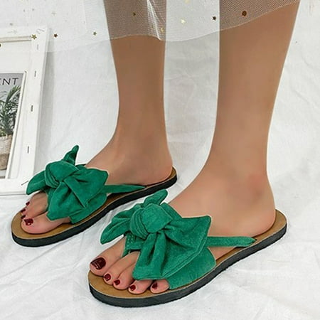 

〖Yilirongyumm〗 Green 38 Slippers For Women Flat Slippers Fashion Casual Beach Shoes Toe Flip Bowknot Women s Slipper