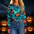 thumbnail image 5 of IYYVV Womens Halloween Shirts Long Sleeve Crewneck Casual Dressy Tops Funny Ghost Pumpkin Graphic Halloween Fall Fashion Tops Cyan XL, 5 of 7