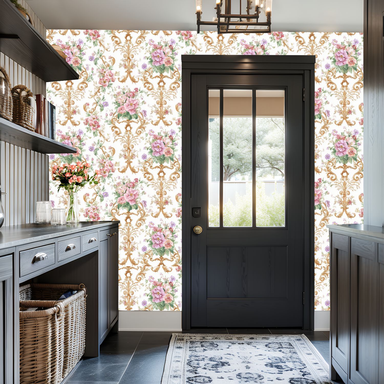 Peel and Stick Wallpaper Vintage Floral Damask Pink Purple Flowers Soft White Wall Mural 17.7in x 9.8ft Self Adhesive Removable Wall Paper Renter Friendly Wallpaper for Nursery Bedroom Cabinets