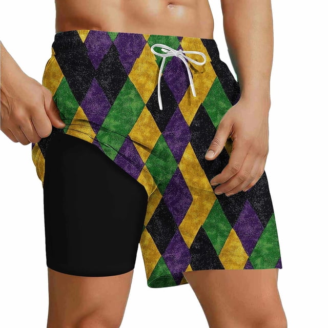 Ceisia Men's Relaxed Fit Mardi Gras Argyle Swim Trunks | Double-Layer Quick-Dry Beach Shorts | Elastic Waist Party Shorts Gift