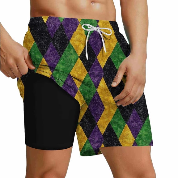 Mens Swim Trunks Summer Printed Quickly Dry Drawstring Swimsuit Funny Beach Shorts with Compression Liner (XL, Purple)