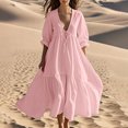 thumbnail image 2 of VBTAPA Cotton Linen Dresses for Women 2025 Trendy V Neck Front Tie Maxi Dress Elegant 3/4 Sleeve Long Sundress Flowy Beach Vacation Dresses Pink S, 2 of 7