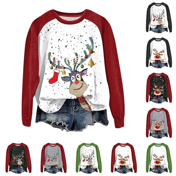 TTUHYWXI Christmas Sweatshirt Women Cute Xmas Reindeer Graphic Tee Casual Long Sleeve Winter Holiday Pullover Tops (Red, 4XL)
