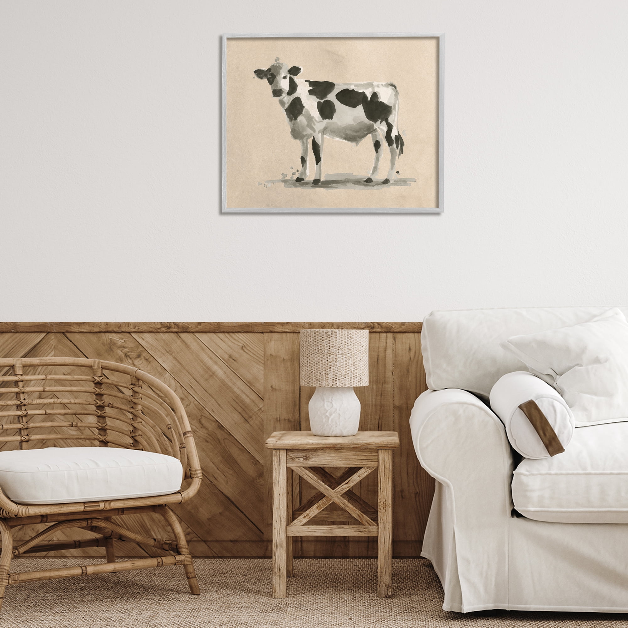 Stupell Industries Minimal Cow Painting Animals & Insects Painting Gray Framed Art Print Wall Art, 30 x 24