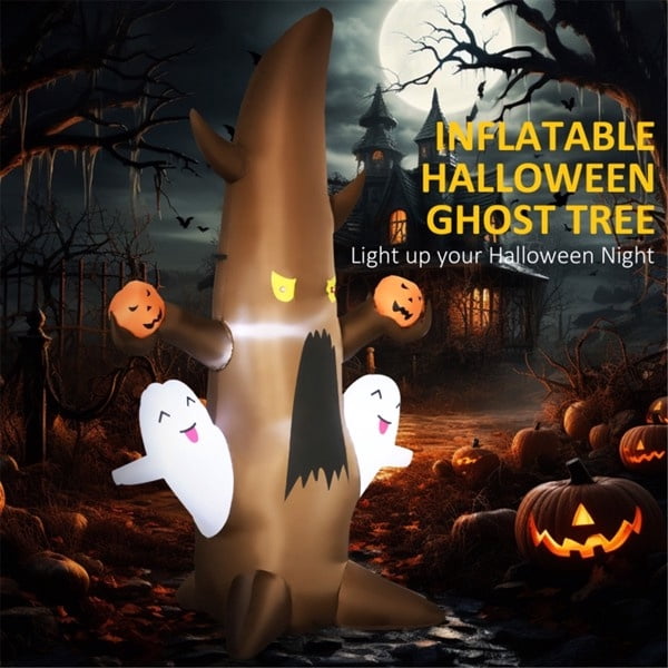 59IN Halloween Inflatable Cute Ghost Tree with LED Lights Waterproof Polyester Blow Up Yard Decoration with Storage Bag