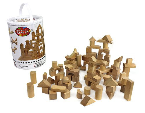 Liberty Imports 100 Piece Wooden City Building Blocks Variety Set Bright Colored Natural Wood Kids Stacking Toy with Playscape in Storage Bucket