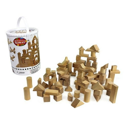Wooden Blocks - 100 Pc Wood Building Block Set with Carrying Bag and Container (Natural Colored) - 100% Real