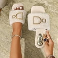 thumbnail image 2 of Women's Faux Fleece Memory Foam House Slippers with Metal Decoration, Square Open Toe Slides, Plush Flat Indoor Outdoor Footwear White-A, 2 of 9