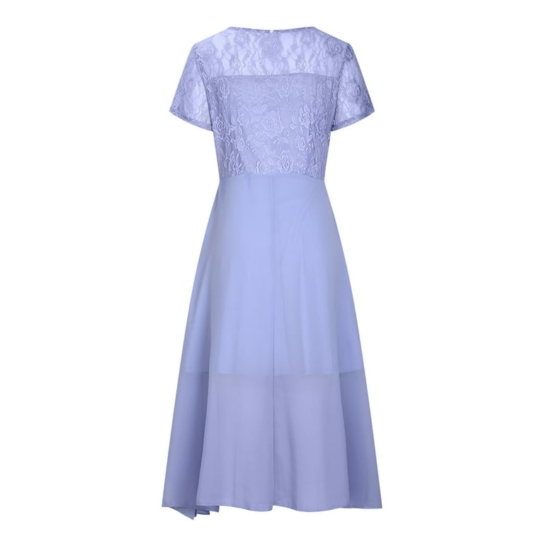 Bigersell Cute Dresses for Women Solid Short Sleeve Round Neck Lace Chiffon  Mesh Waist Party Dresses Short Sleeve Maxi Dress for Female Women Fit & Flare  Dresses, Style 33123, Purple XL -