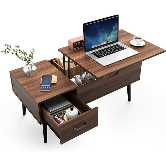 Lift Top Coffee Table, Mid Century Modern Coffee Tables with Drawer for Living Room, Open Storage Shelf, Walnut Cocktail Table TV Stand with Stable Pine Leg Anti-Scratching, Home, Office