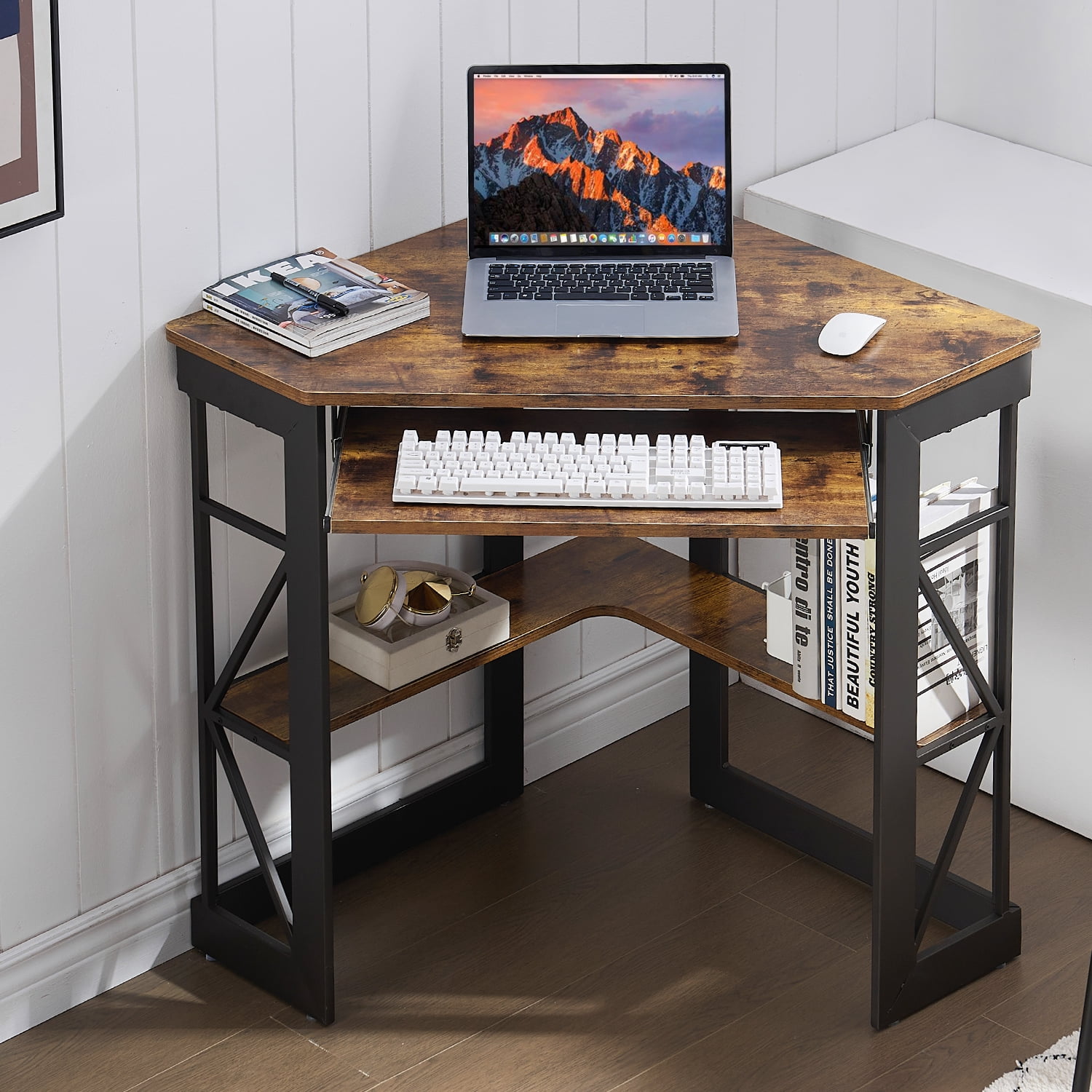 VECELO Desk with Keyboard Corner Computer Writing Shelves, Compact Home Office, Antique Brown
