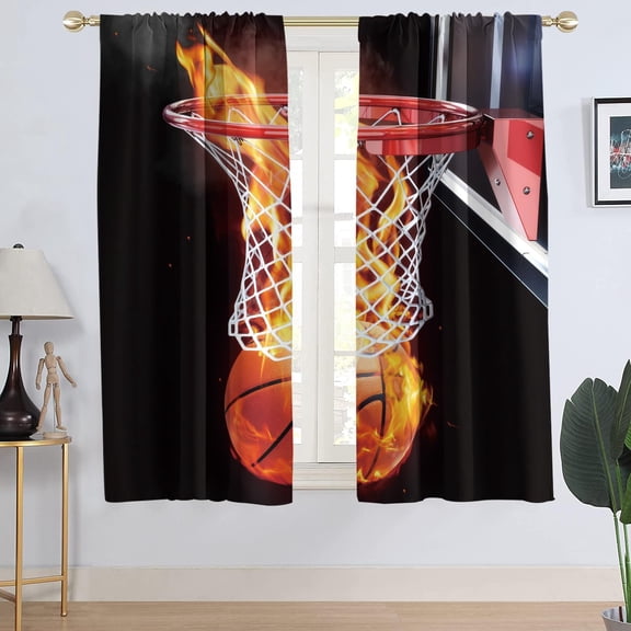 Basketball Window Curtains Boys Sports Kids Teen Mens Cool Modern Playroom Black Dark Orange Red Unique Living Room Bedroo Drapes Treatment Fabric 1 Pair Home Decor, 42" W x 63" L, Art