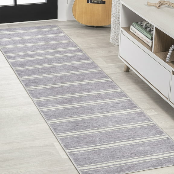 JONATHAN Y WASHABLE 2 x 8 Runner Rug, Bande Distressed Stripe - Lavender/Ivory, WSH121A-28