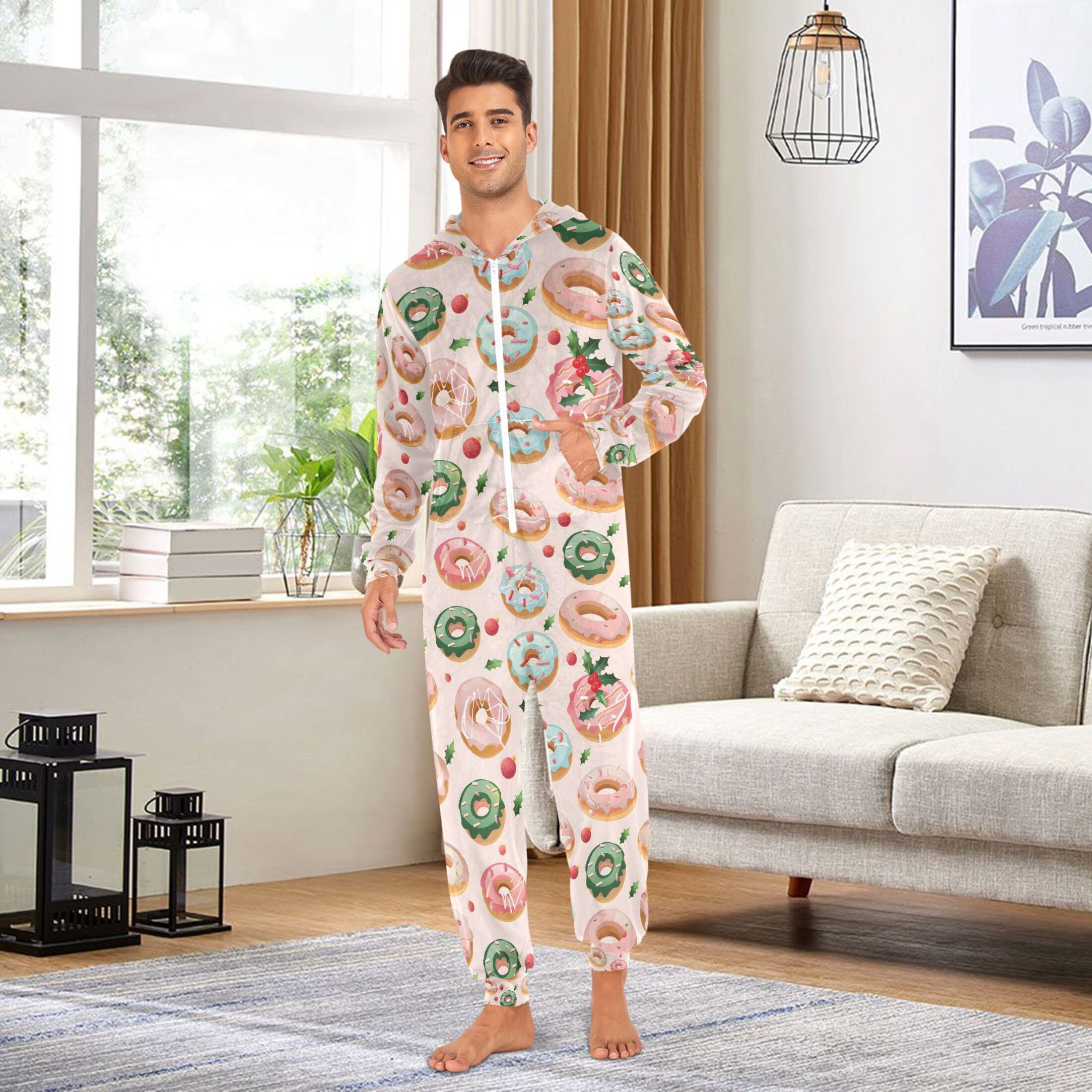 Adult Christmas Onesie Christmas Donuts Adult Zipper One-Piece Pajamas Unisex Pajamas with Pockets