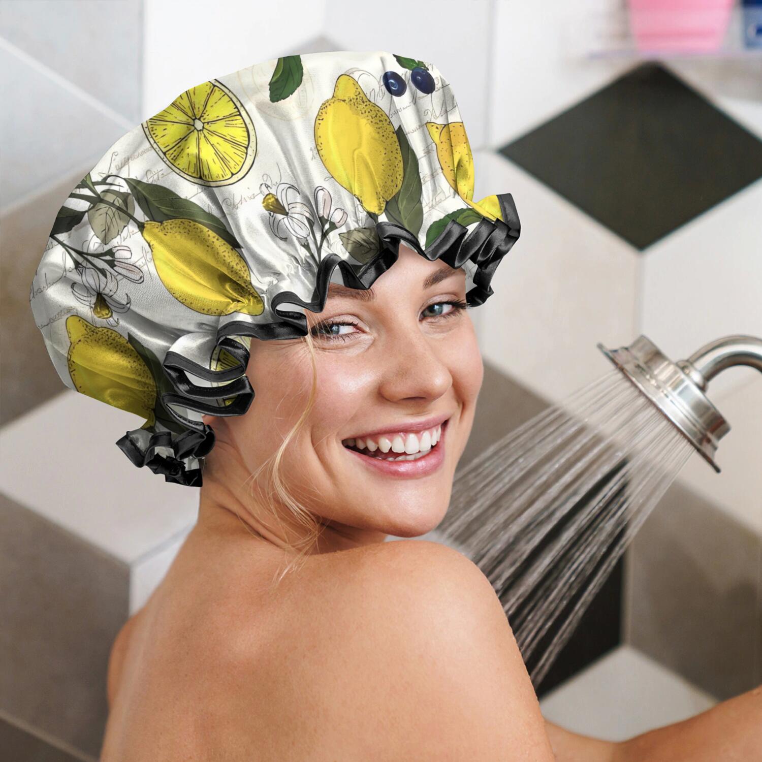 Shower Caps,Yellow Lemon Fruit Berries Beige Pattern Waterproof Shower Cap for Women 4 Pieces,Double Reusable Hair Cover for Shower PEVA Elastic Stretch Hem