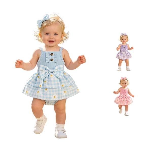 RMGVDSD Baby Girl Clothes Girls Sleeveless Romper Plaid Dress Floral Bowknot Ribbed Bodysuit Onesie Headband Set Summer Outfit 18-24 Months