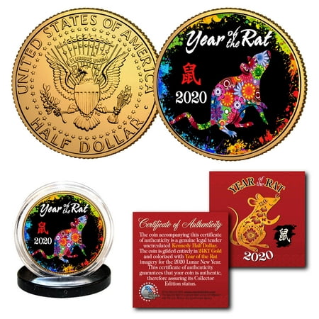 2020 Lunar New YEAR OF THE RAT 24K Gold Plated JFK Half Dollar Coin Polychrome