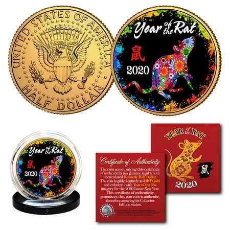 2020 Lunar New YEAR OF THE RAT 24K Gold Plated JFK Half Dollar Coin Polychrome