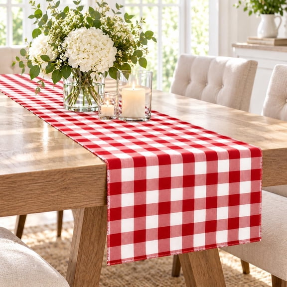 AK-Trading Polyester Gingham Checkered Table Runner, 14 by 108-Inch - Red/White