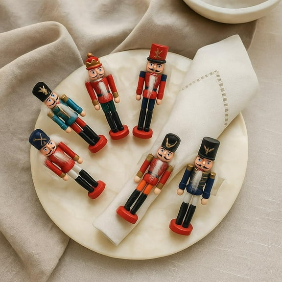 Fennco Styles Assorted Nutcracker Napkin Rings, Set of 6 - Festive Wooden Soldier Napkin Holders for Christmas Table Décor and Winter Holidays