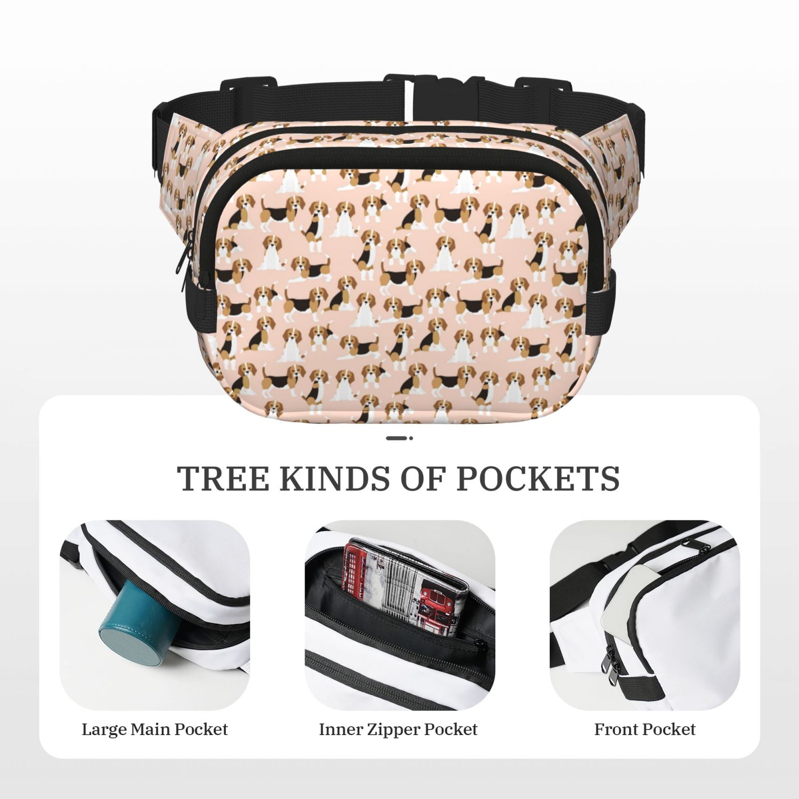 Picia Beagle Dog On Brown Print Square Double-Layer Waist Bag Mini Adjustable Waist Belt Bag Exercise Running Travel Hiking