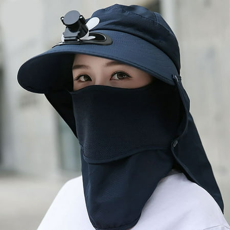 Summer Fan Bluelans Summer Detachable Outdoor Anti-Sun Cap Neck Face Flap Wide Brim Hat with Fan