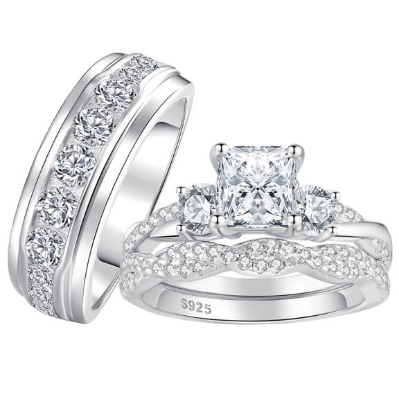 SFTING Wedding Ring Sets for His and Hers 3pcs 925 Sterling Silver Engagement Promise Ring Set for Couples Women Mens Band 5A CZ Size 9&7