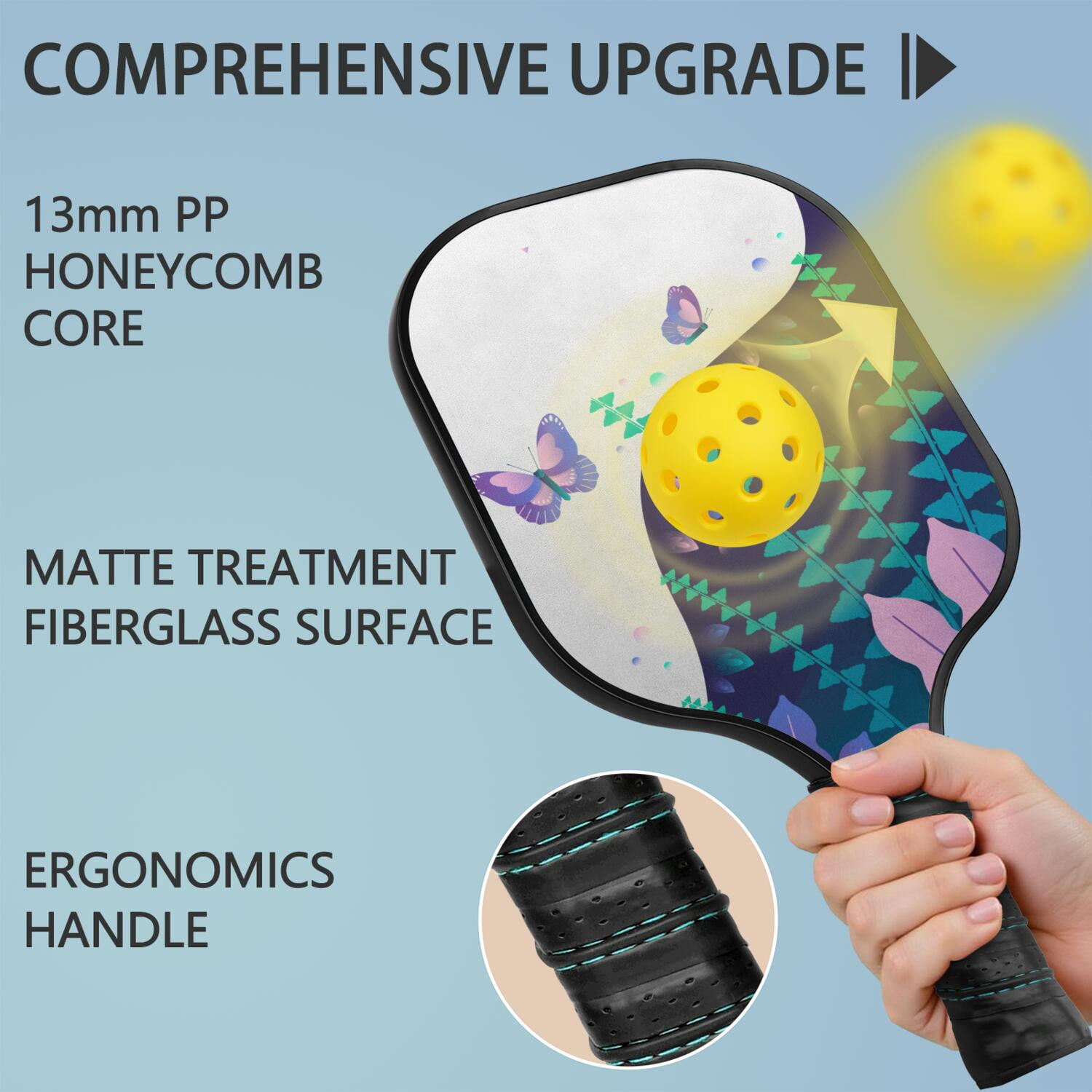 Pickleball Paddles Set Of 2, Fiberglass Surface, Vintage Floral & Butterfly, 4 Balls & Bag
