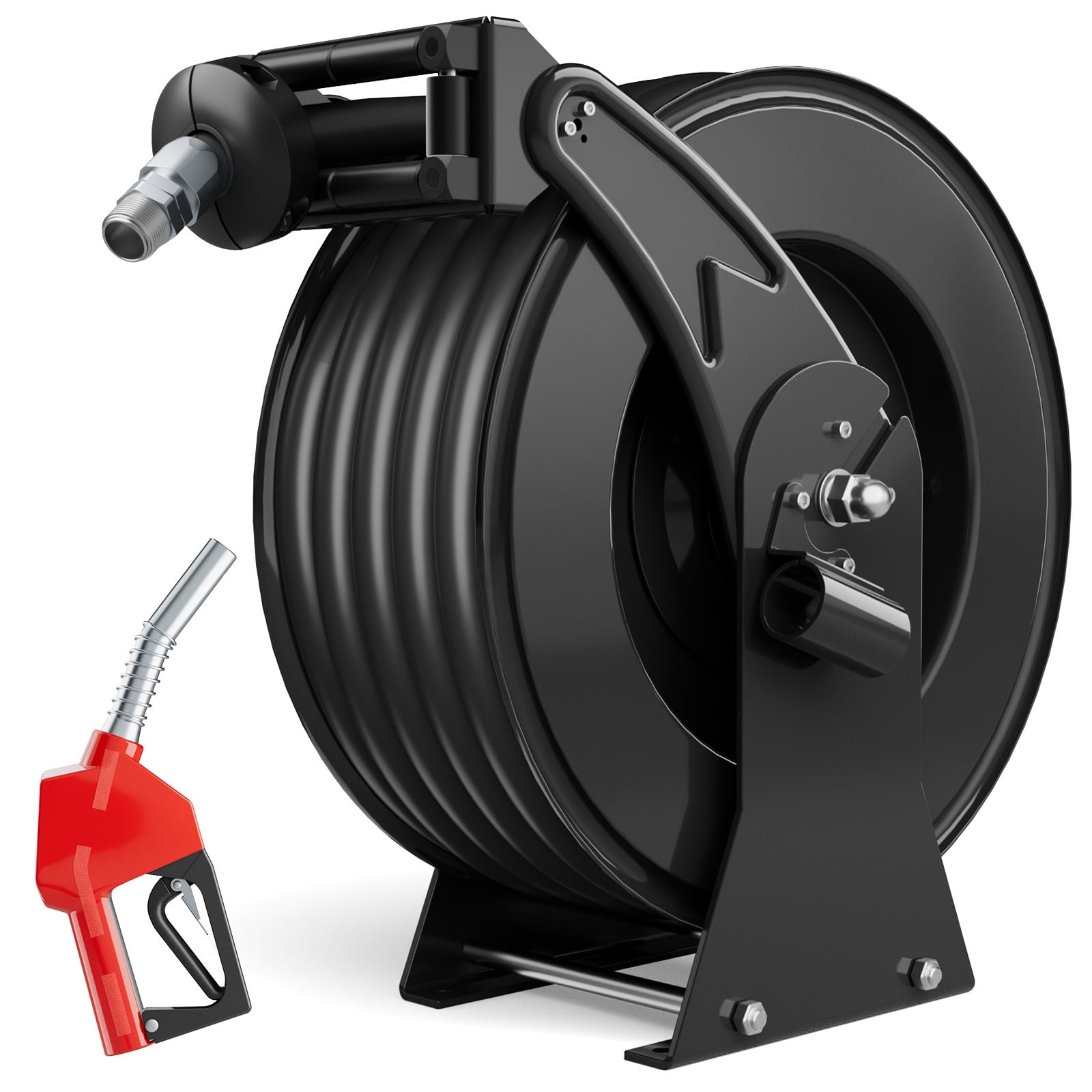 Fuel Hose Reel, 3/4" x 50', Retractable Diesel Hose Reel, Heavy-Duty Carbon Steel Construction with Automatic Fuel Nozzle, NBR Rubber Hose for Aircraft Ship Vehicle Tank Truck, 300 PSI, Black
