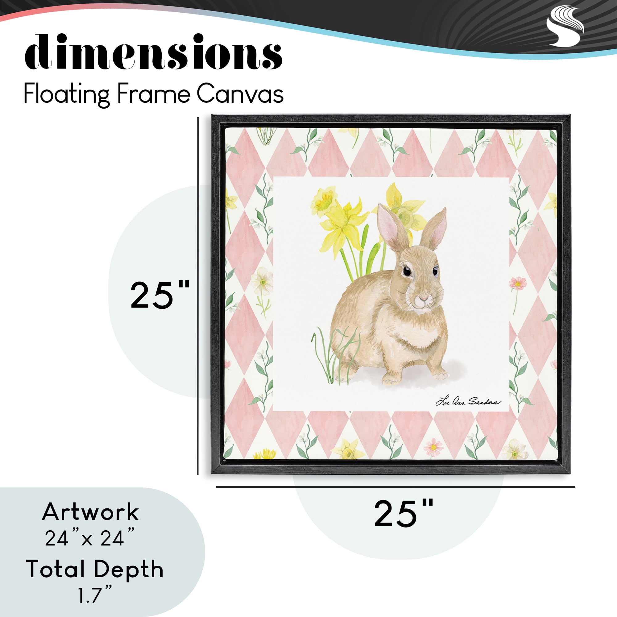 Bunny on Pink Argyle Black Framed Floater Canvas Wall Art, design by Lee Ann Sanders