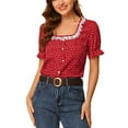 thumbnail image 5 of INSPIRE CHIC Women's Floral Print Lace Contrast Collar Puff Short Sleeve Blouse XS Red, 5 of 6