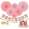 FIRST BIRTHDAY DECORATION SET FOR GIRL - 1st Baby Girl Birthday Party Hat Gold Crown, Circle Dots Paper Garland, Cake Topper -'One', 'I Am One Banner, Fiesta Pink Hanging Paper Fan Flower