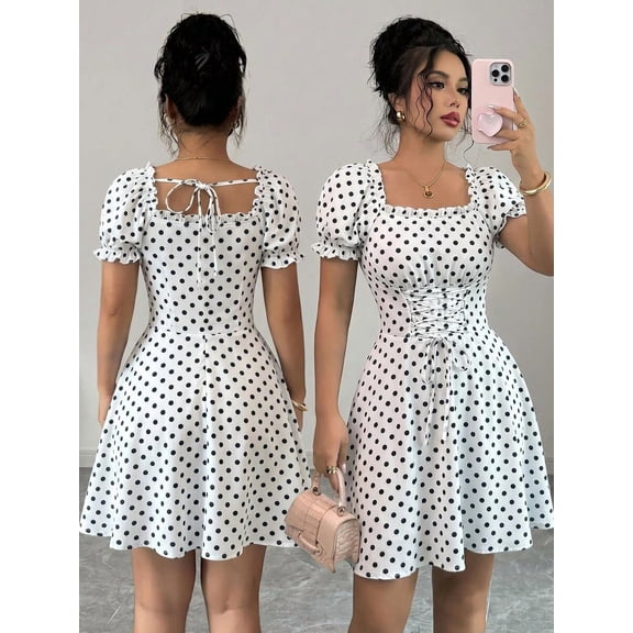 Black And White Polka Dot Square Neck Puff Sleeve Mini Dress With Corset Waist Tie