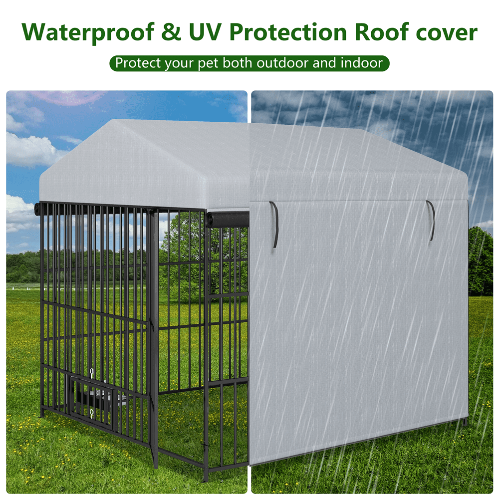 MIDOQIN Outdoor Dog Kennel with Roof Cover, Lockable Feeding Door, 2 Stainless Steel Bowls, Heavy-Duty Pet Enclosure Fence with Canopy, 6.6'L x 6.6'W x 6.4'H