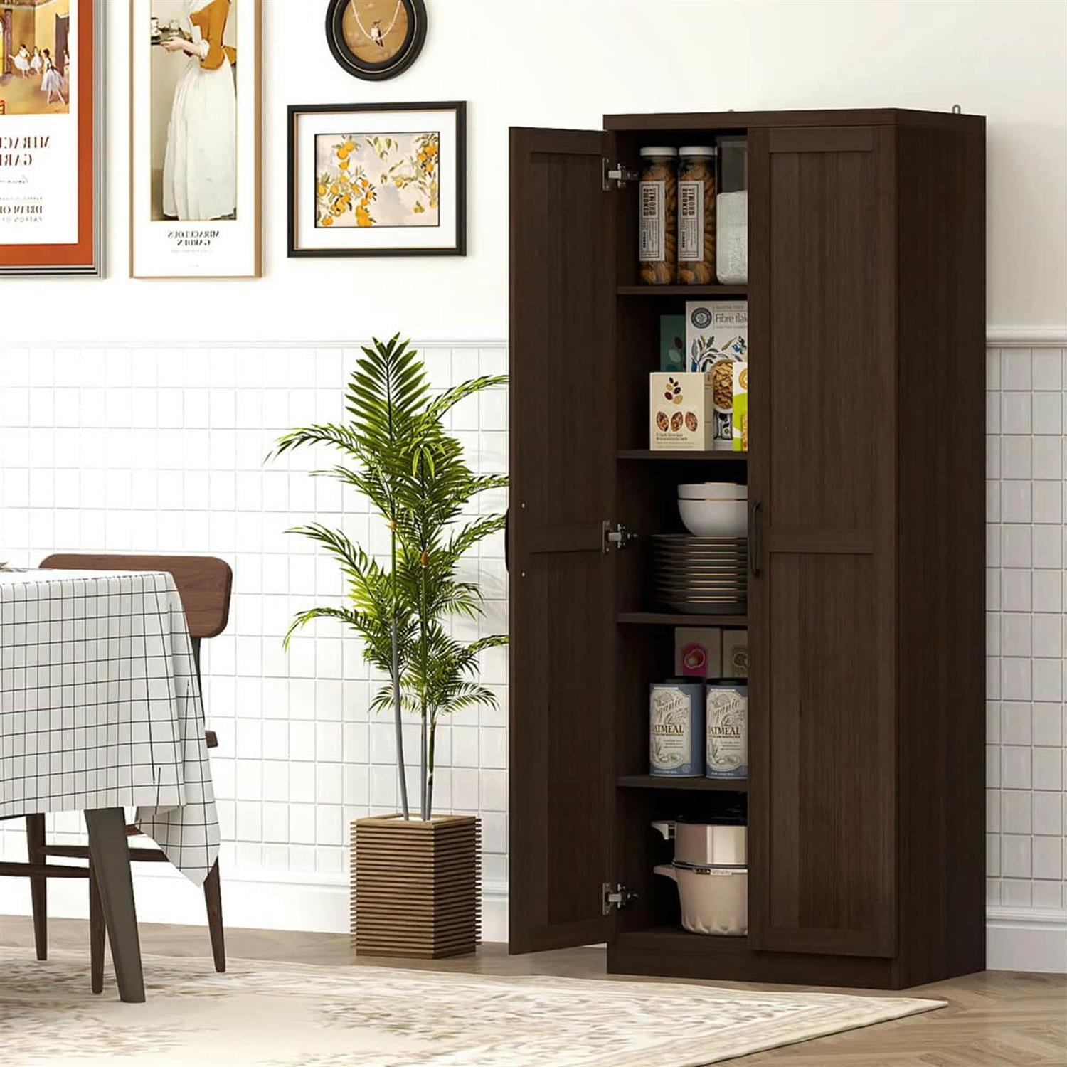 Demi Bonn 62" Large 2-Door Pantry Cabinet, Freestanding Storage Unit with 2 Adjustable Shelves for Dining Room, Spacious Kitchen Organization, Brown