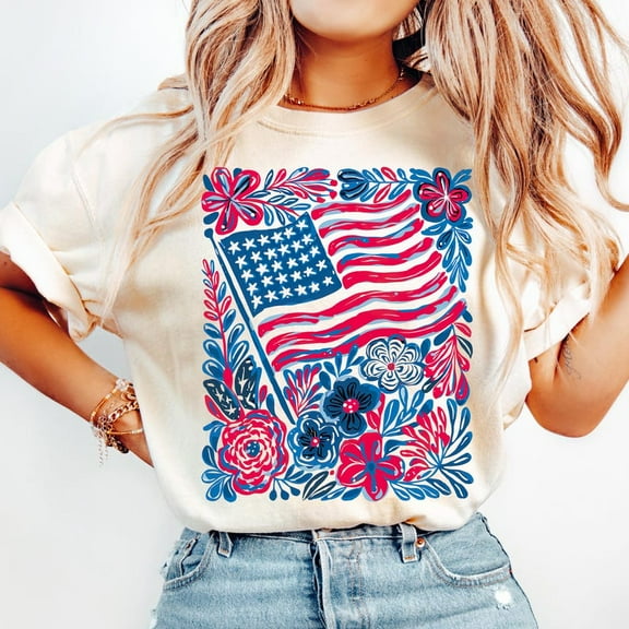 Floral American Flag T-shirt, Patriotic 4th of July Shirt, Red White and Blue Boho Flowers Shirt, Independence Day Shirt TH120613