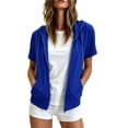 thumbnail image 2 of thefmos Women Summer Fall Short Sleeve Hooded Zip Open Front Casual Basic Solid Trendy Tops Hoodie Casual Sweatshirt Jacket, Blue L, 2 of 7