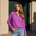 thumbnail image 5 of Womens Button Up Shirt Casual Long Sleeve Blouses Oversize Boyfriend Purple Tops with Pocket, 5 of 7