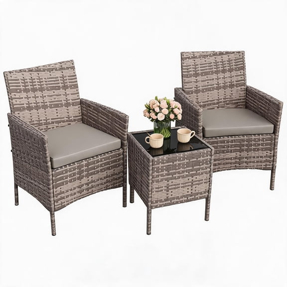 3 Pieces Patio Furniture Set, Outdoor Conversation Set with 2 Chairs and Glass Top Side Table, Modern Bistro Set for Porch Balcony Backyard Garden Small Spaces